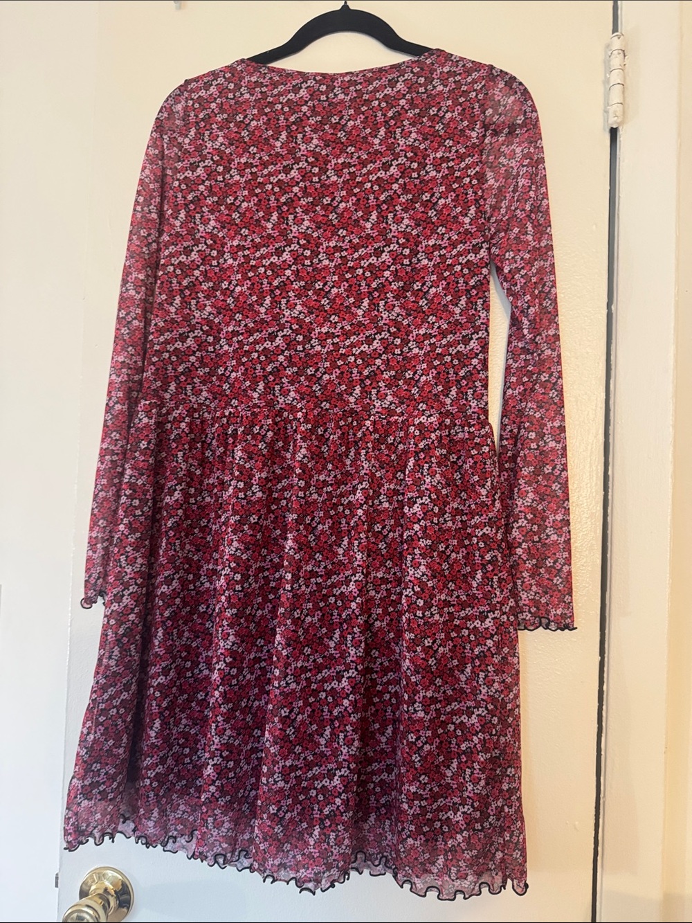 Divided Burgundy Floral Long-Sleeve Mesh Dress - Picture 2 of 2